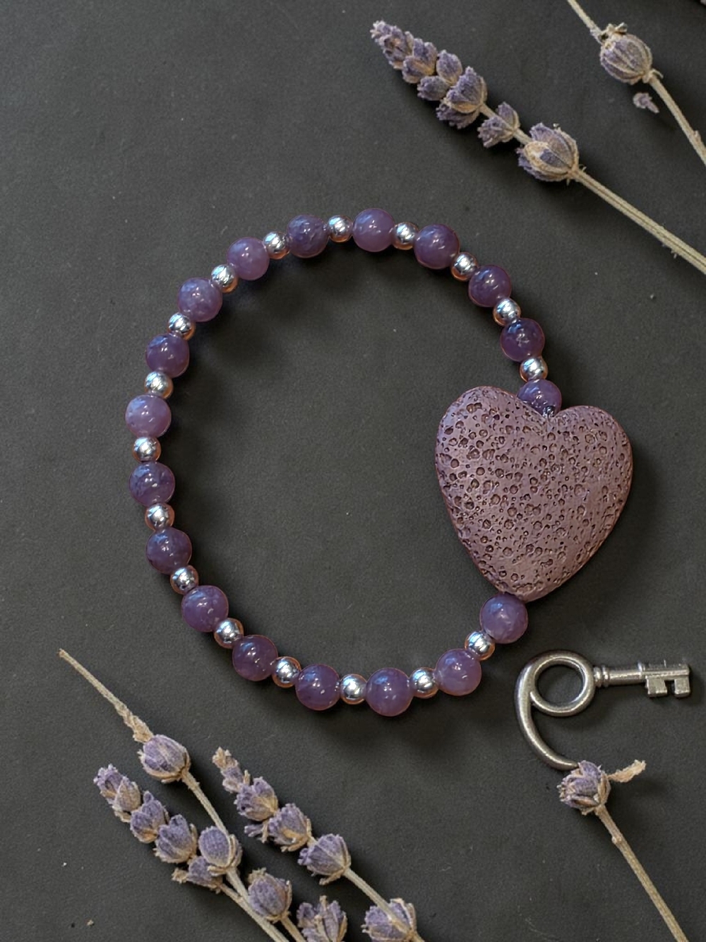 Styleandstone Purple Jadeite Lava Stone Heart Bracelet